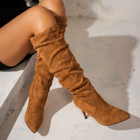 Chic & Sexy Faux Suede Mid-Calf Stiletto Boots | Pointed Toe - Picture 5 of 6